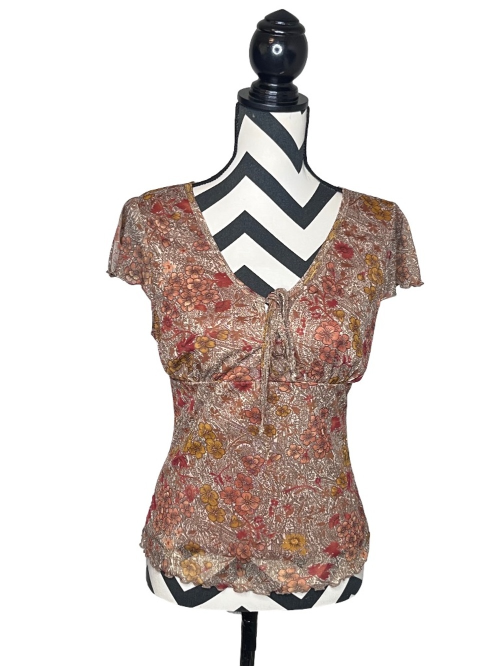 Y2K Floral Mesh Lettuce-Edge Flutter Sleeves Whimsigoth Milkmaid Top Sz S